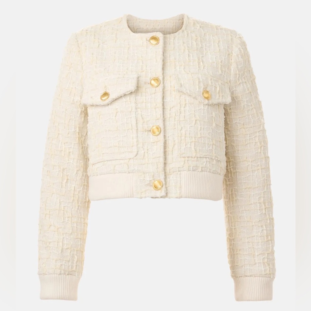 Blank NYC Cream Tweed Bomber Jacket with Gold Buttons